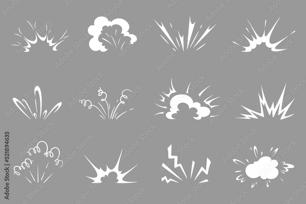 Cartoon bomb explosion, comic clouds of smoke and fire. Vector explosion effects, blast, boom, bang and burst comics book clouds of war fight, exploded dynamite, nuclear bomb or rocket launch - obrazy, fototapety, plakaty 