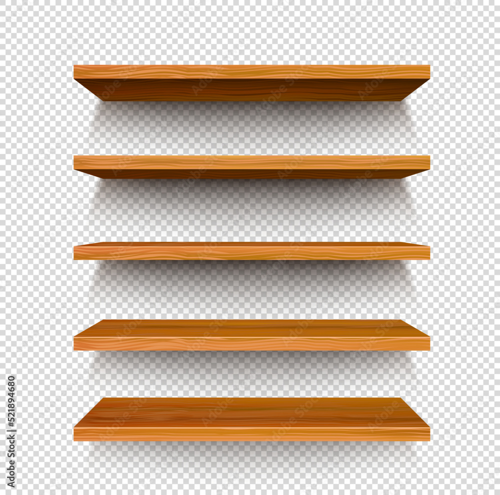 Wooden store shelf on transparent background. Vector realistic empty wall  shelves, bookshelves and display racks with 3d wood boards and shadows.  Furniture for book shop, home and office interior vector de Stock