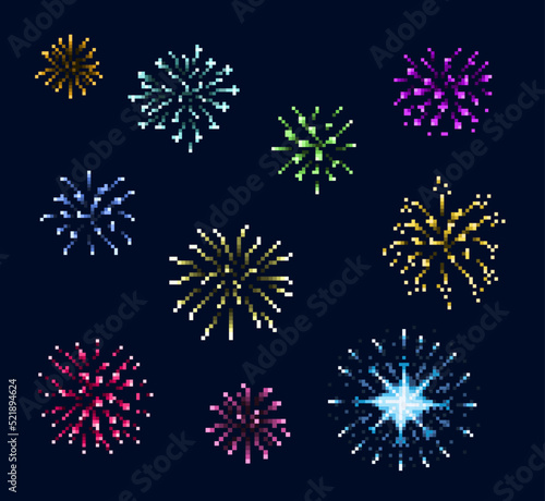 Firework, pixel art fireworks of New Year or Christmas night party, carnival event or holiday celebration. Vector explosion of festive fireworks with colorful light flashes and fire sparkles