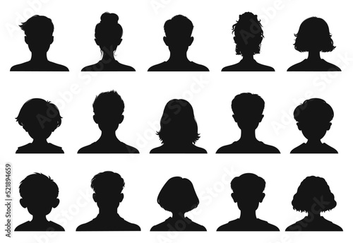 Avatar profile silhouettes, senior woman and man, children and young people, vector icons. Avatar profile head silhouettes, person shadow portraits of male or female and child, user photo pictures