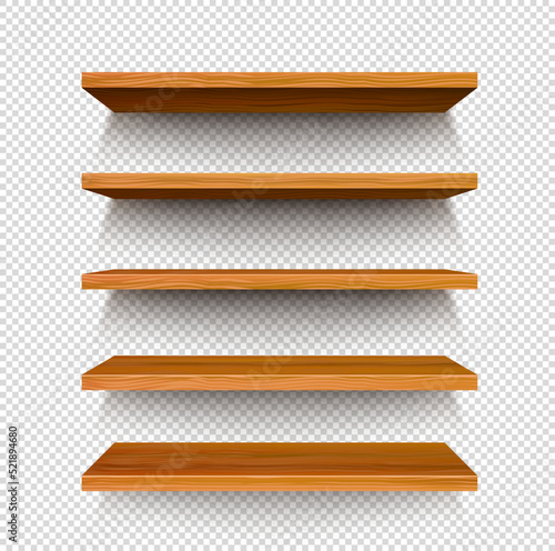 Wooden store shelf on transparent background. Vector realistic empty wall shelves, bookshelves and display racks with 3d wood boards and shadows. Furniture for book shop, home and office interior