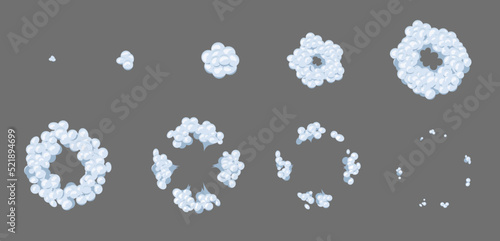 Animated smoke explosion cloud, animation of game sprite. Cartoon effect of bomb explosion with vector clouds of smoke, dust and steam. Animation frame or sprite sheet of comic boom, blast and puff