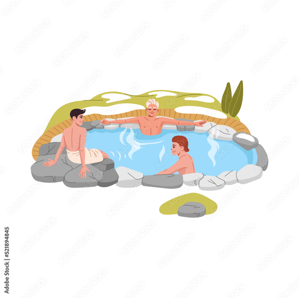 Japan onsen hot spring bath, cartoon young men relaxing in thermal pool with rocks, hot water and steam. Vector japanese spa bath tub, outdoor sauna winter pool of geothermal spring with wood pathway