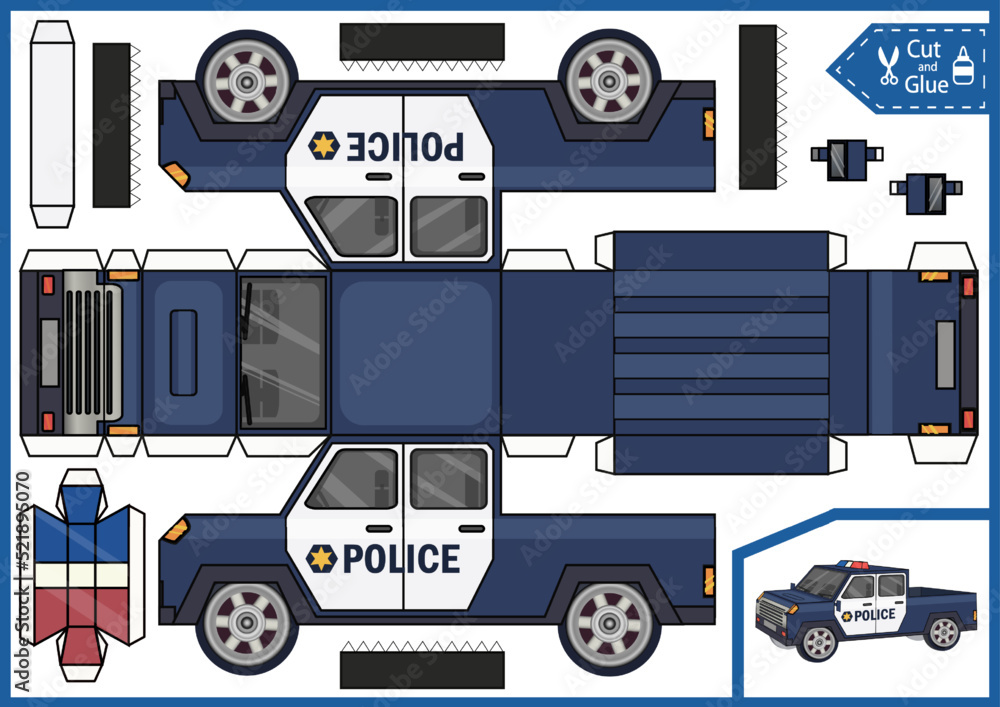 Kids Craft Template Cut And Glue Paper Police Truck Make 3d Model Of 