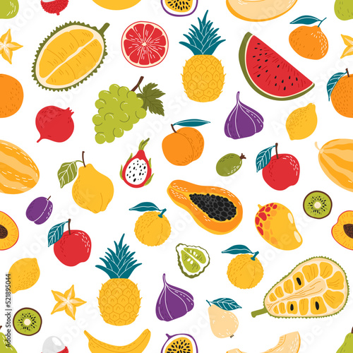 Fototapeta Naklejka Na Ścianę i Meble -  Ripe raw fruits seamless pattern background of vector orange, pineapple and papaya. Tropical exotic fruits mango, durian and feijoa with lemon citrus, watermelon, banana, apricot and kiwi pattern