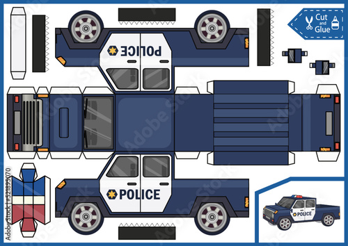 Kids craft template. Cut and glue paper police truck. Make 3d model of toys car. Vector activity page and wksheet for children.