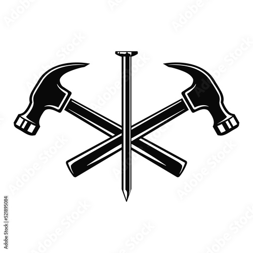Fototapeta Carpenter logo with crossed hammers and metal nail