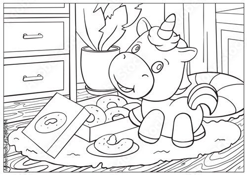 Coloring book page with cute cartoon unicorn. Educational kids activity page and worksheet with little horse. Cartoon Isolated vector illustration.
