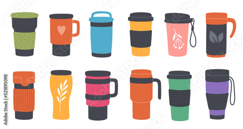 Reusable thermo mugs, tumbler, thermos, travel cup, thermal flask or water bottle. Vector metal or plastic containers with vacuum lids, thermal insulating coating and handles for coffee or tea drinks