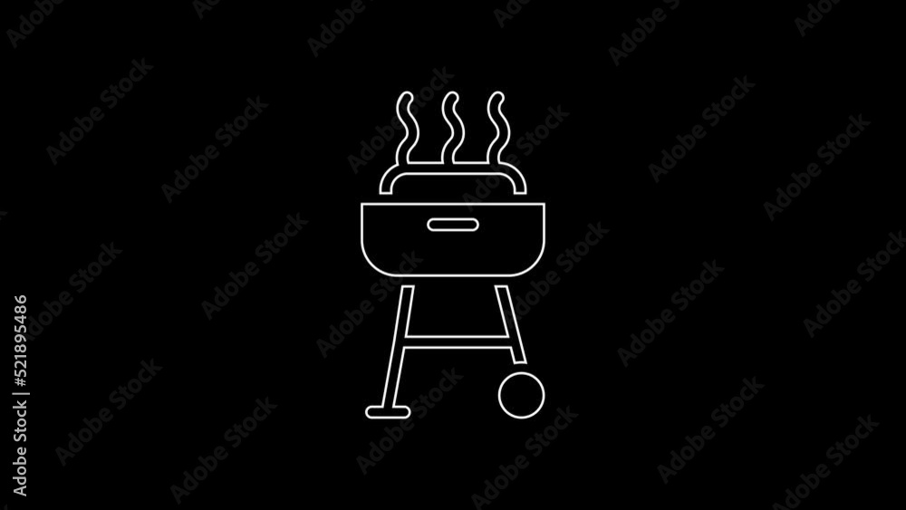 White line Barbecue grill icon isolated on black background. BBQ grill party. 4K Video motion graphic animation White line Barbecue grill icon isolated on black background. BBQ grill party. 4K Video motion graphic animation