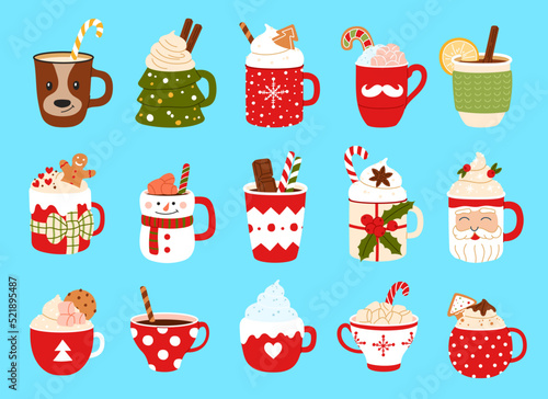 Christmas coffee cups and tea mugs, kitchen crockery with hot chocolate, vector drink mugs. Winter holiday cartoon Christmas cups of mulled wine with ginger cookies, Santa, candy cane and snowflakes