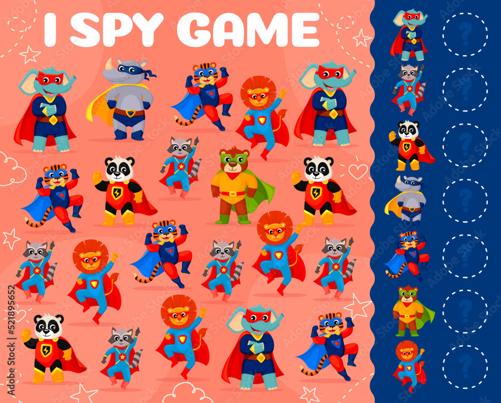 I spy game worksheet. Cartoon superhero animal characters vector puzzle