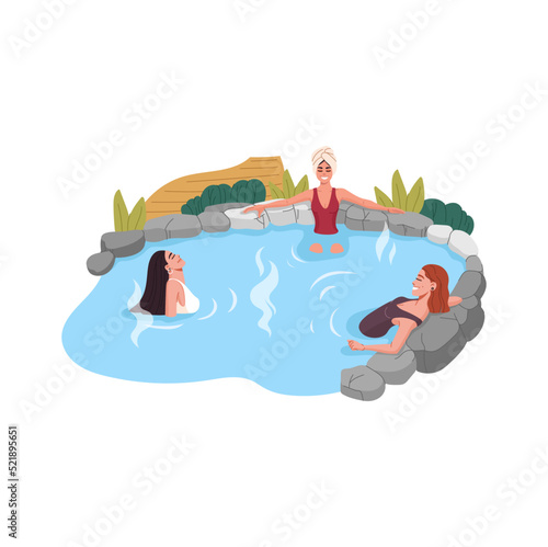 Japan onsen, women relaxing in hot spring thermal pool or bath of vector japanese spa hotel. Cartoon people bathing at onsen, outdoor winter sauna tub or bathtub with hot water, steam and wood pathway