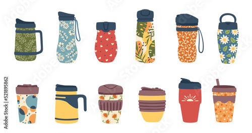 Reusable thermo mugs, tumbler bottles, travel coffee cups and thermos. Vector metal flasks for water and hot drinks, isolated stainless steel and plastic cups with insulated lids and drinking straw