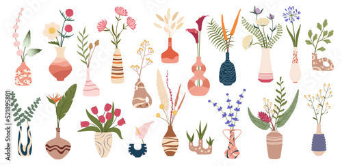 Scandinavian flower vases, plant bouquets in pots, vector, floral leaves in flowerpot. Dry flowers in pottery, home ceramic vases with Scandinavian decor of tulip, rose ornament or green leaf pattern