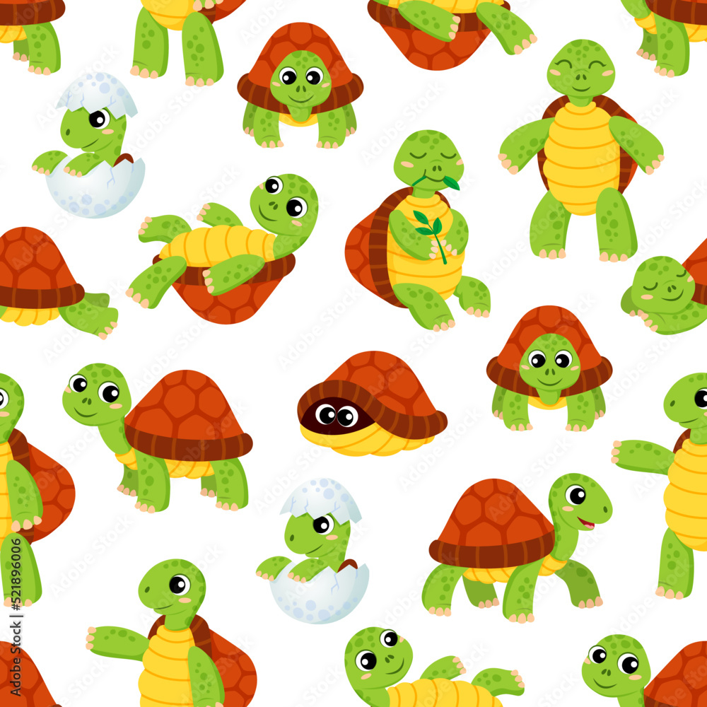 Cartoon turtle characters seamless pattern background, vector funny sea animal. Cute ocean turtle in shell or hatching from, funny cheerful baby turtle for kids pattern background Cartoon turtle characters seamless pattern background, vector funny sea animal. Cute ocean turtle in shell or hatching from, funny cheerful baby turtle for kids pattern background