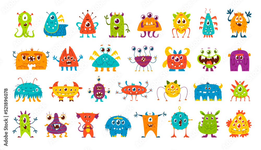 Cartoon monster characters, cute funny alien animals, vector set. Kids  cartoon monsters, devils and goblins, bizarre creatures of troll, dragon or  gremlin and furry lizard with happy cyclops eye Stock Vector |