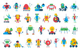 Cartoon robot toys, vector characters of cute bots. Future technologies, science or space game retro robots, android machines, droids and cyborgs. Artificial intelligence kids toys with happy faces