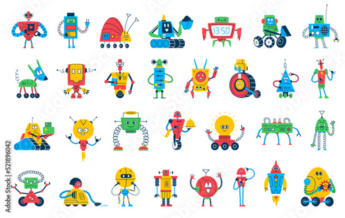 Cartoon robot toys, vector characters of cute bots. Future technologies, science or space game retro robots, android machines, droids and cyborgs. Artificial intelligence kids toys with happy faces