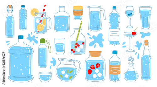 Glass  plastic water bottle  jug  cup and containers set  vector drink beverages icons. Glass cup of soda  beer and wine  flat line juice pitcher  whiskey carafe  ice tea mug and mineral water bottle