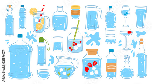 Glass, plastic water bottle, jug, cup and containers set, vector drink beverages icons. Glass cup of soda, beer and wine, flat line juice pitcher, whiskey carafe, ice tea mug and mineral water bottle