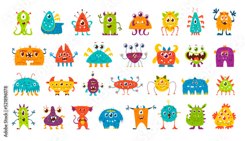 Cartoon monster characters, cute funny alien animals, vector set. Kids cartoon monsters, devils and goblins, bizarre creatures of troll, dragon or gremlin and furry lizard with happy cyclops eye photo