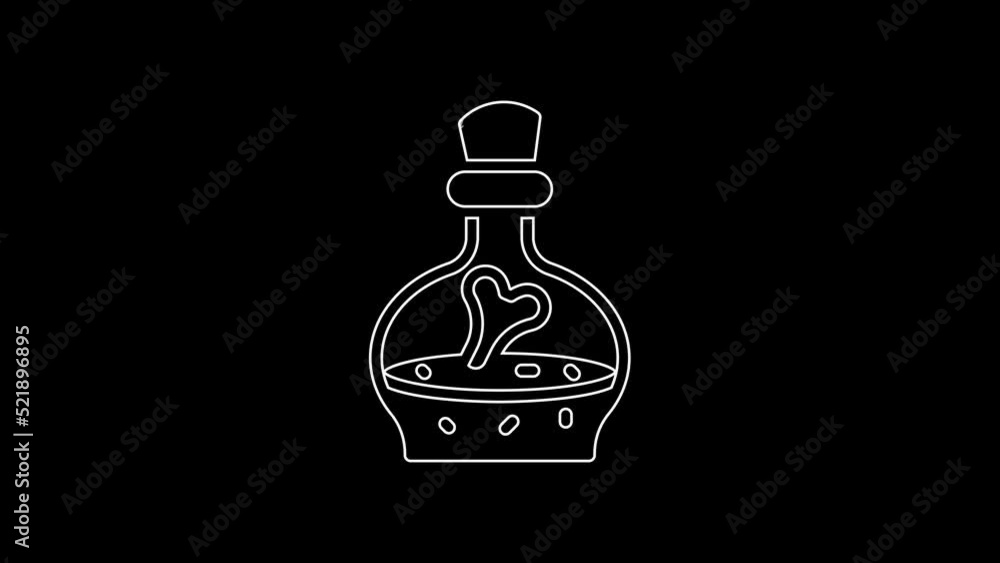 White line Bottle with potion icon isolated on black background. Flask with magic potion. Happy Halloween party. 4K Video motion graphic animation White line Bottle with potion icon isolated on black background. Flask with magic potion. Happy Halloween party. 4K Video motion graphic animation