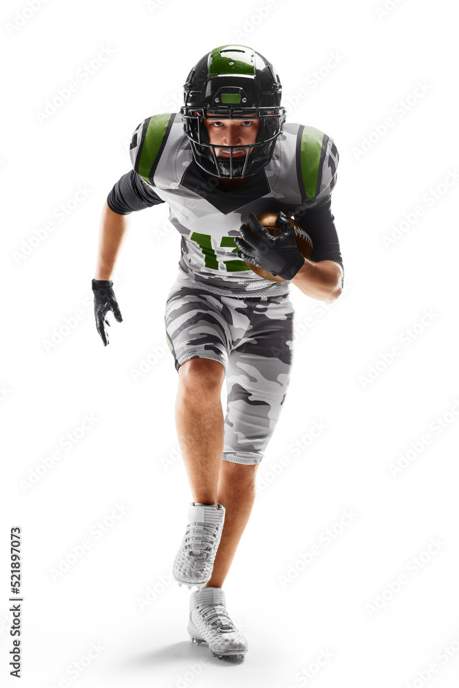 Agile american football player running fast towards goal line. Front view. Sports emotions. Sportsman in action Agile american football player running fast towards goal line. Front view. Sports emotions. Sportsman in action