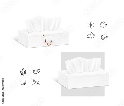 Realistic tissue box set with signs. Vector illustration isolated on white background. Can be use for template your design, presentation, promo, ad. EPS10.	