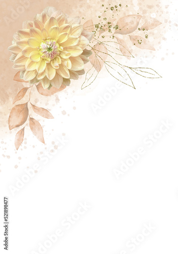 Pale watercolor dahlia flower and leaves on white background - vertical botanical design banner. Floral pastel watercolor, vintage style