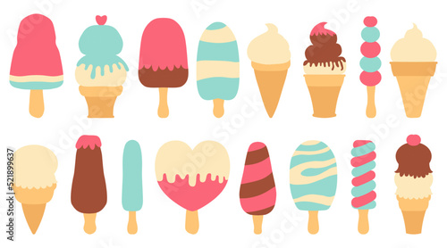 Set of different types of ice cream bar on a stick Isolated on white background. Collection of vector ice cream in waffle cones, popsicles, fruit ice, decorated with berries, chocolate or nuts.