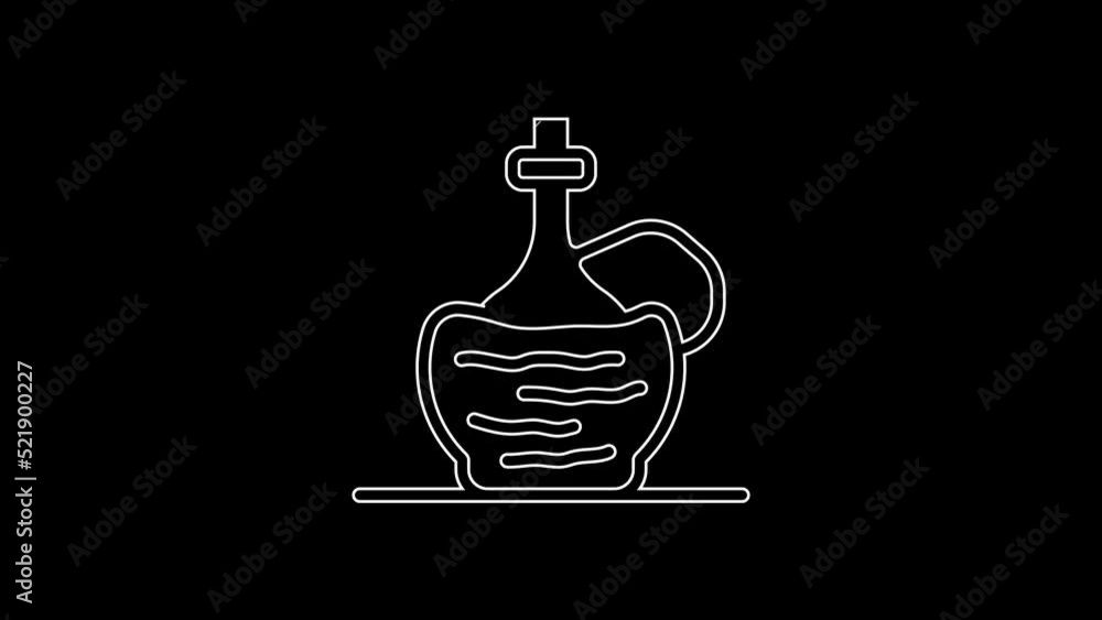 White line Wine in italian fiasco bottle icon isolated on black background. Wine bottle in a rattan stand. 4K Video motion graphic animation White line Wine in italian fiasco bottle icon isolated on black background. Wine bottle in a rattan stand. 4K Video motion graphic animation