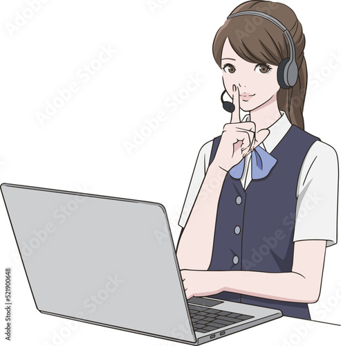 PC前で人差し指を口に当てるコールセンターの女性
