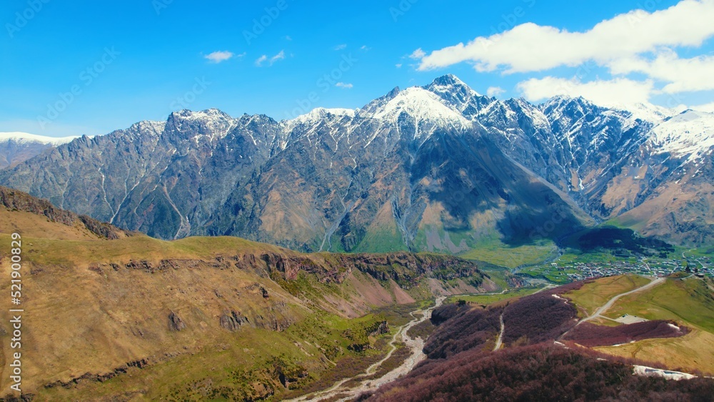 amazing aerial view of Kazbegi in the sunny weather, Georgia. High quality photo