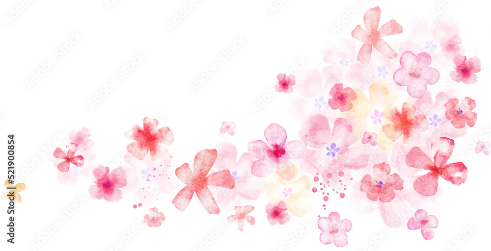 Flying pink flowers and petals. Watercolor illustration