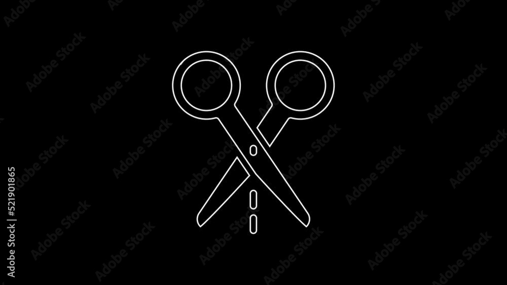 White line Scissors with cut line icon isolated on black background. Tailor symbol. Cutting tool sign. 4K Video motion graphic animation White line Scissors with cut line icon isolated on black background. Tailor symbol. Cutting tool sign. 4K Video motion graphic animation