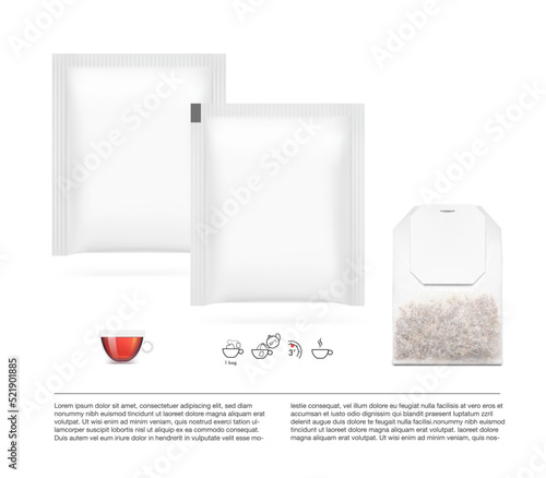 Realistic tea sachet mockup set. Front view. Vector illustration isolated on white background. Ready for your design. EPS10.