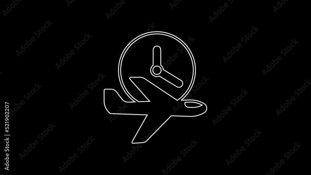 White line Flight time icon isolated on black background. 4K Video motion graphic animation White line Flight time icon isolated on black background. 4K Video motion graphic animation