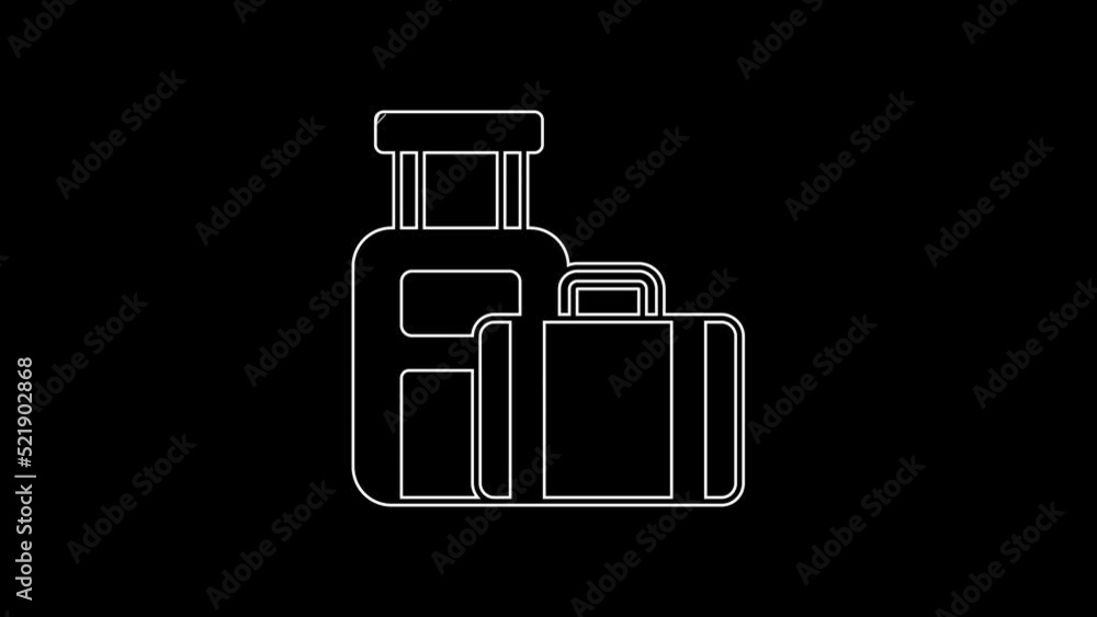 White line Suitcase for travel icon isolated on black background. Traveling baggage sign. Travel luggage icon. 4K Video motion graphic animation White line Suitcase for travel icon isolated on black background. Traveling baggage sign. Travel luggage icon. 4K Video motion graphic animation