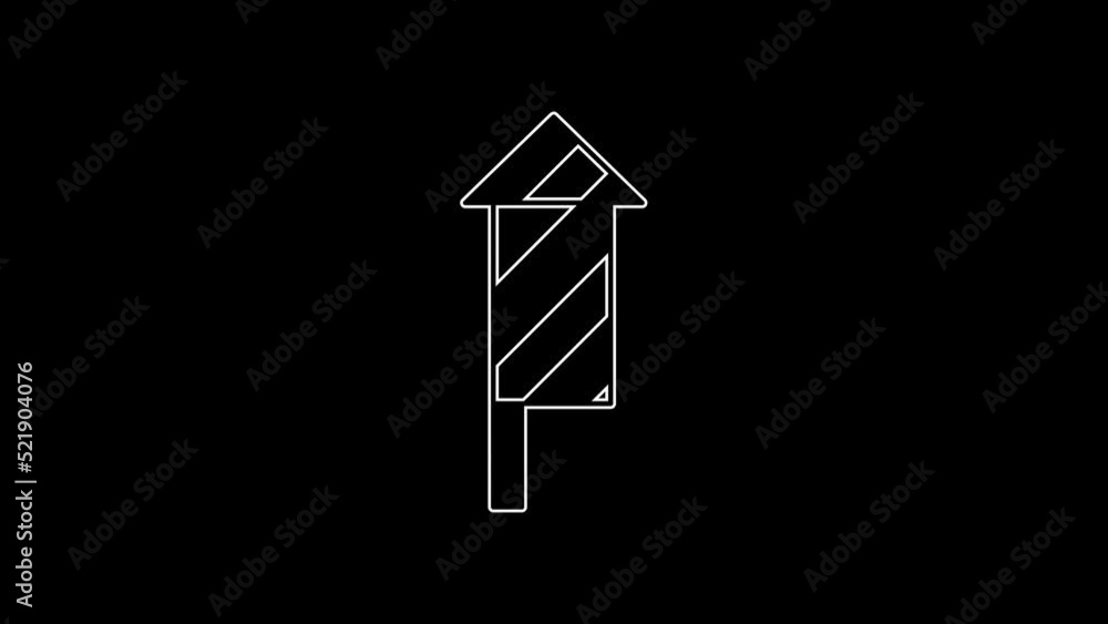 White line Firework rocket icon isolated on black background. Concept of fun party. Explosive pyrotechnic symbol. 4K Video motion graphic animation White line Firework rocket icon isolated on black background. Concept of fun party. Explosive pyrotechnic symbol. 4K Video motion graphic animation