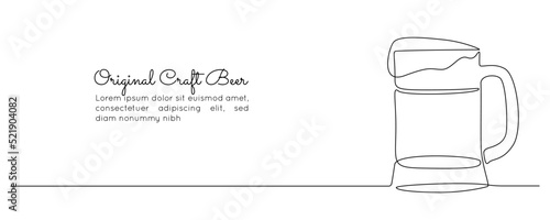 Continuous one line drawing of beer glass with foam. Craft drink alcohol ale in simple linear style for bar and pub concept banner and menu. Editable stroke. Doodle Vector illustration