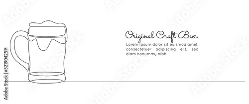 Continuous one line drawing of beer glass with dripping foam. Craft drink alcohol ale in simple linear style for bar and pub concept banner and menu. Editable stroke. Doodle Vector illustration