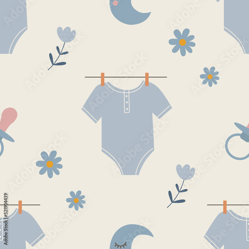 Seamless pattern with baby shower. It's a boy. Boho style. Vector illustration