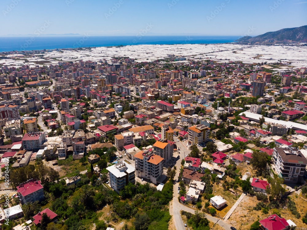 Aerial cityscape of Turkey city Anamur on the mediterranean sea shore