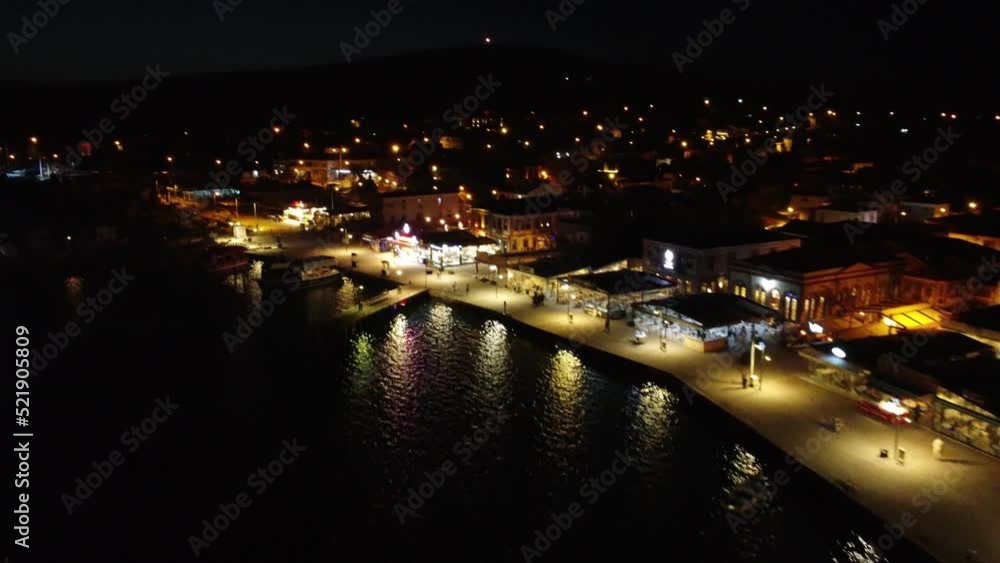 Balikesir, Turkey - April 9, 2022: Aerial night view of Cunda island at Ayvalik Balikesir Turkey. Balikesir, Turkey - April 9, 2022: Aerial night view of Cunda island at Ayvalik Balikesir Turkey.