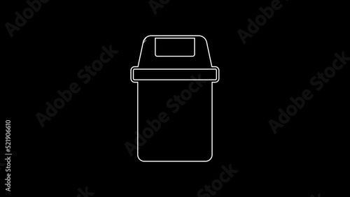 White line Trash can icon isolated on black background. Garbage bin sign. Recycle basket icon. Office trash icon. 4K Video motion graphic animation