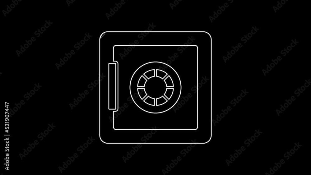 White line Safe icon isolated on black background. The door safe a bank vault with a combination lock. Reliable Data Protection. 4K Video motion graphic animation White line Safe icon isolated on black background. The door safe a bank vault with a combination lock. Reliable Data Protection. 4K Video motion graphic animation