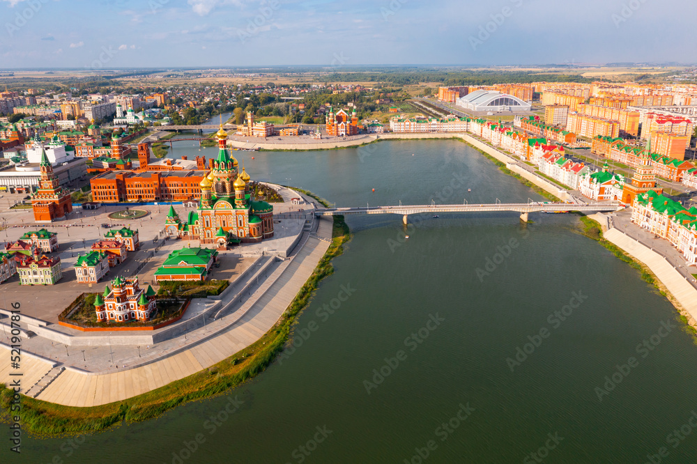 Aerial view of the center city of Yoshkar Ola with architectural masterpieces and the Malaya Kokshaga River, the capital of ..the Republic of Mari El, Russia