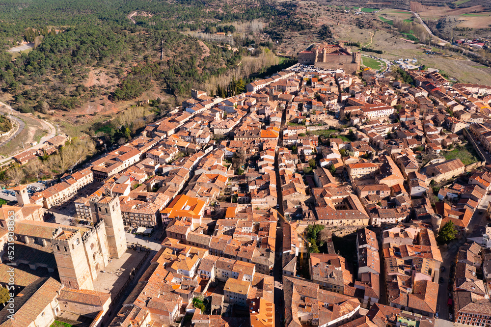 Bird's eye view of Siguenza, Province of Guadalajara, Castile-La Mancha, Spain. Cathedral visible from above.
