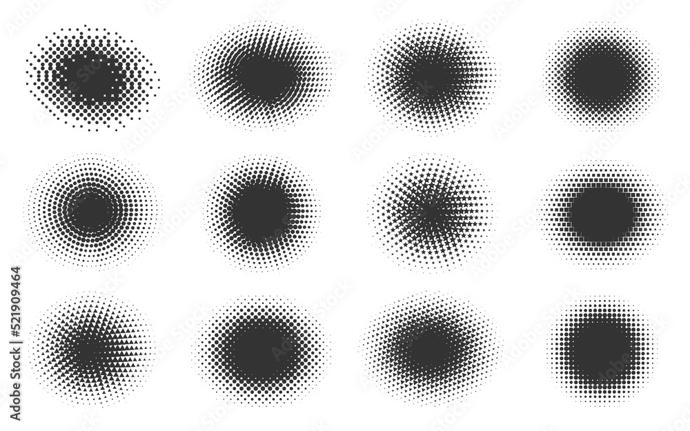 Black halftone comic gradient pattern set. Dotted spots using half tone circle star hexagon dots raster texture. Pop art spotted figures. Shadow blot round shapes. Abstract dot spray gradation effect Black halftone comic gradient pattern set. Dotted spots using half tone circle star hexagon dots raster texture. Pop art spotted figures. Shadow blot round shapes. Abstract dot spray gradation effect